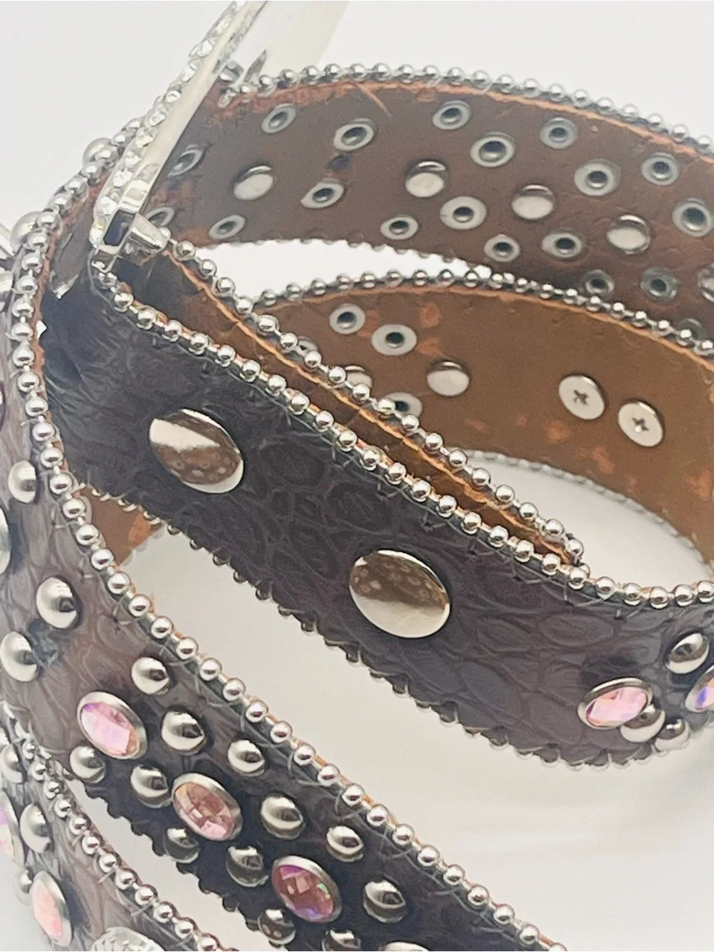Embellished Heart Stud Western Belt - Brown Pink Crystals Removable Buckle